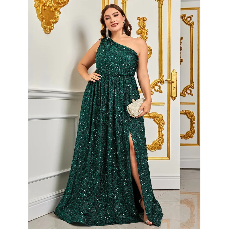 Plus Size Women\'s One Shoulder Sequined Evening Gown, Sleeveless, Floor-length, Big, Plus Size, Banquet, Prom, 5XL, 6XL