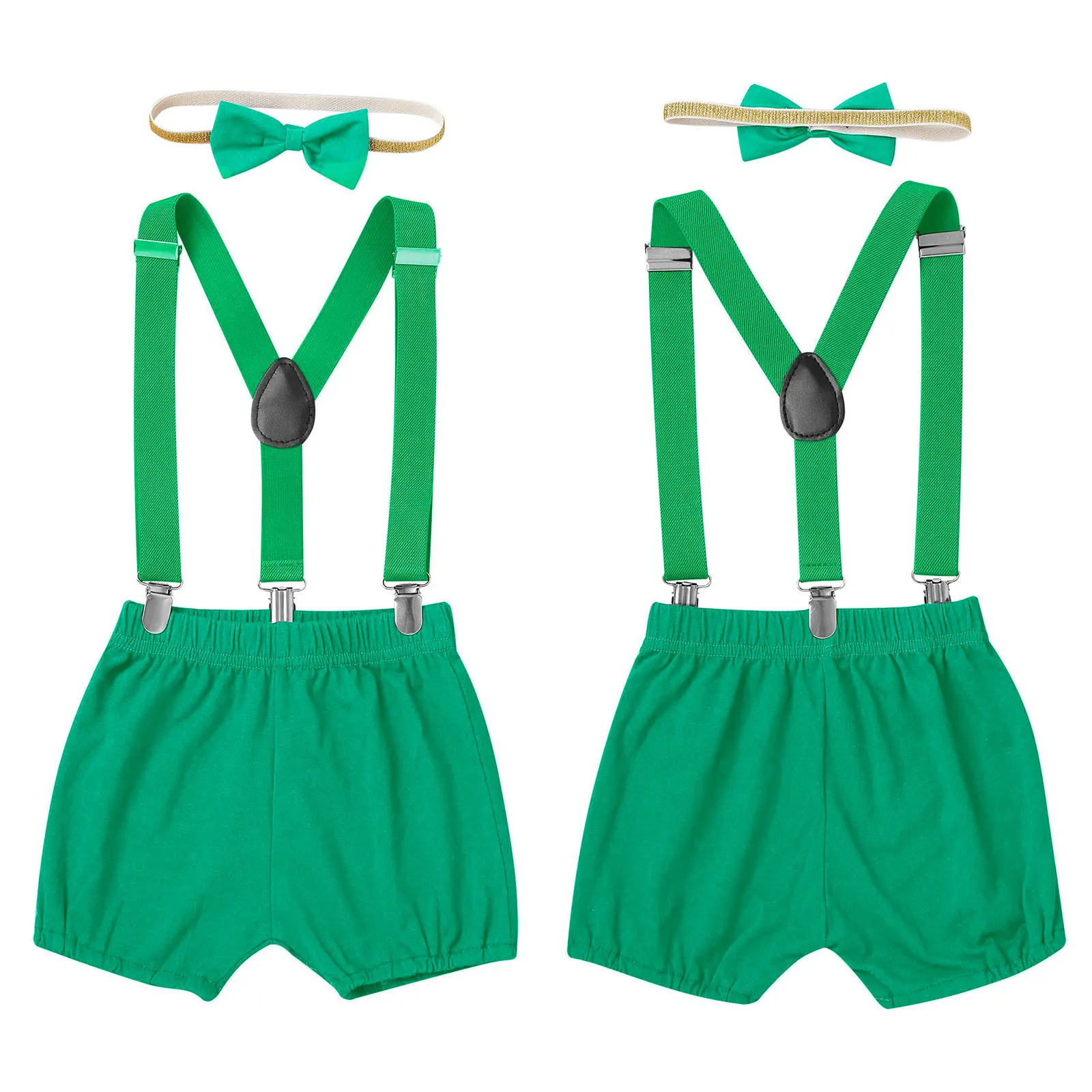 Baby Boys Girls Birthday Party Wedding Photography Gentlemen Suit Solid Color Shorts with Suspenders Bow Headband Daily Wear