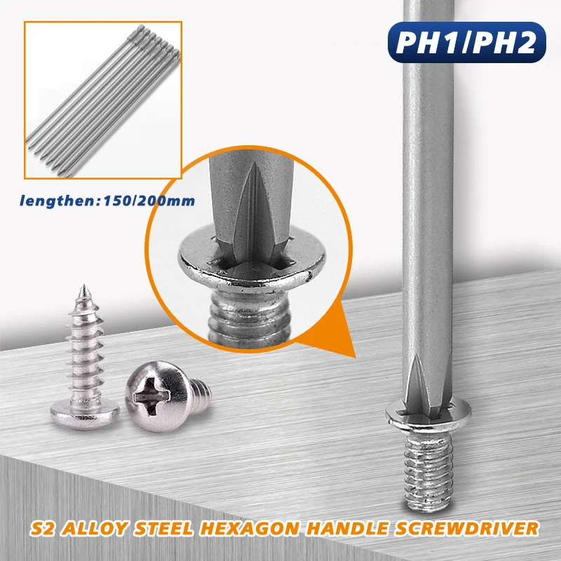 1/2/3/5PC Cross Screwdriver Head Ph1 Ph2 Magnetic S2 Alloy Steel Extended 150/200mm Hexagonal Handle Cross Screwdriver Drill Bit