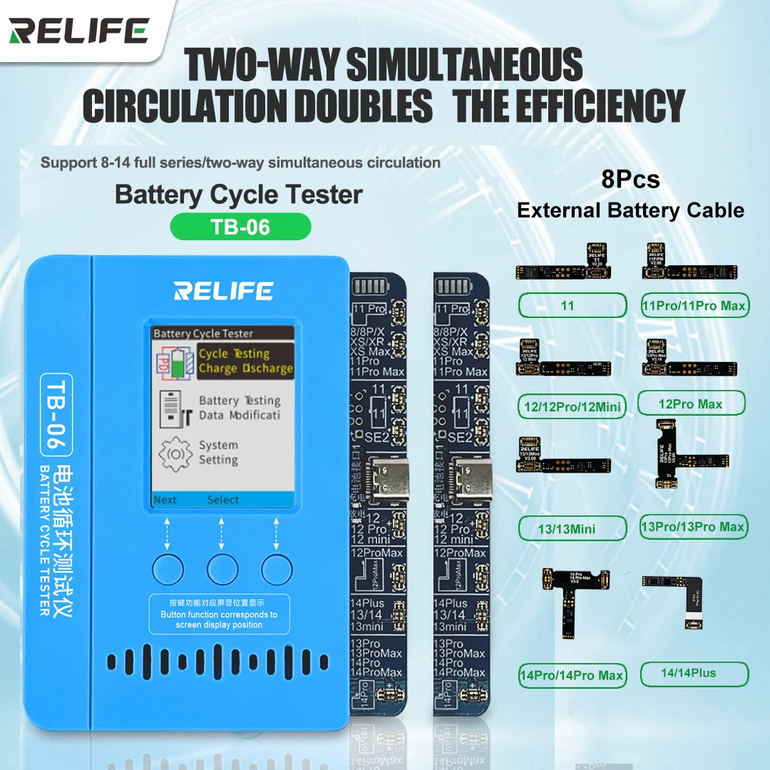 Relife TB-06 Single and Dual Battery Cycle Tester Read Write Data Repair For IPhone 8-14 Pro Max Battery Health Tool