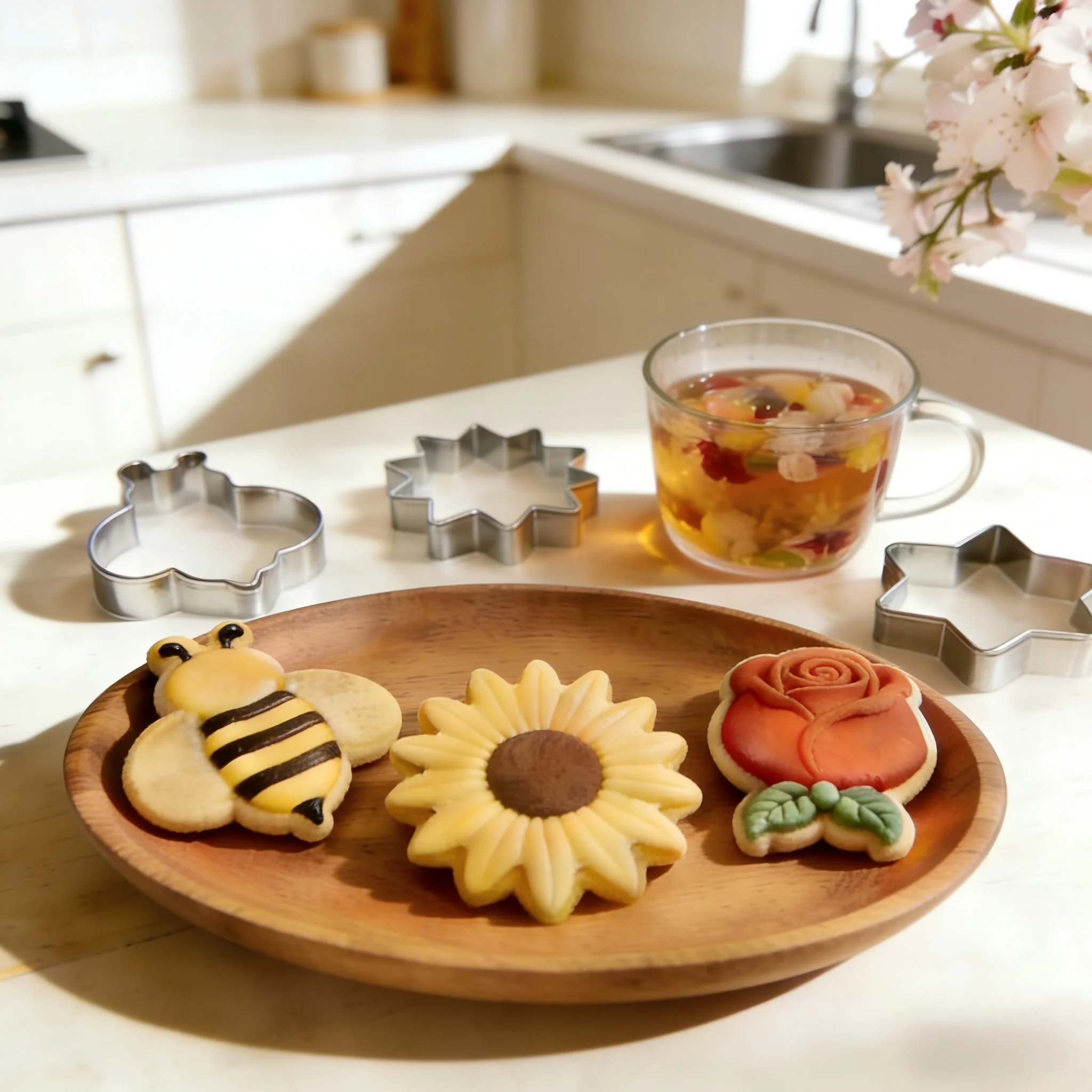 3PCS Bee Flower Cookie Cutter Set Stainless Steel Nonstick Easy Demold Safe Cutters for Fondant Cake Decor Garden Party Home