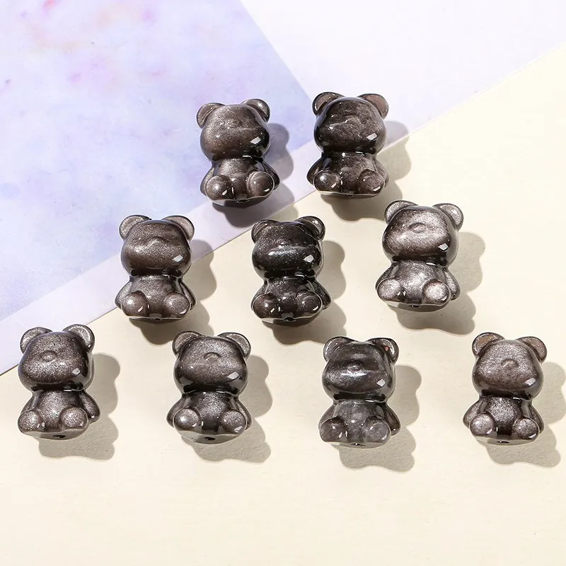 1 Pc Natural Stone Silver Obsidian Carved Cartoon Bear Bead With Hole Pendant For Jewelry Making Diy Necklace Bracelet Accessory