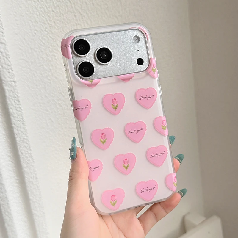 Fashion Pink Love Heart Flower Luck Girl Phone Case For iPhone 17 Pro Max 16 15 Shockproof Protective Back Cover