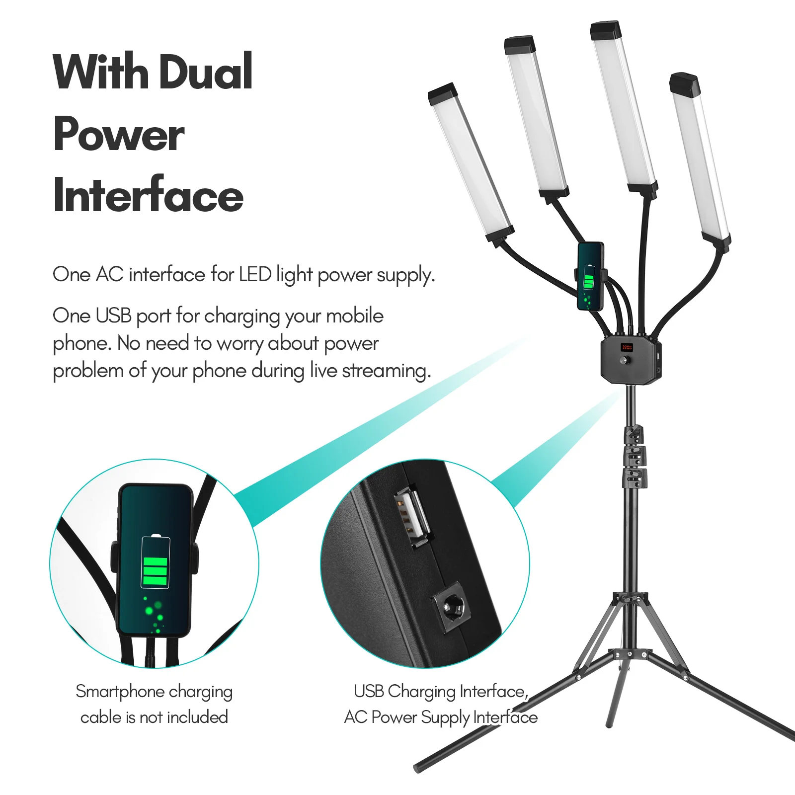 Elastyczna 4-ramienna lampa wideo LED Fotografia Światło wypełniające 3200K-5600K Możliwość przyciemniania z uchwytem na telefon + metalowy stojak