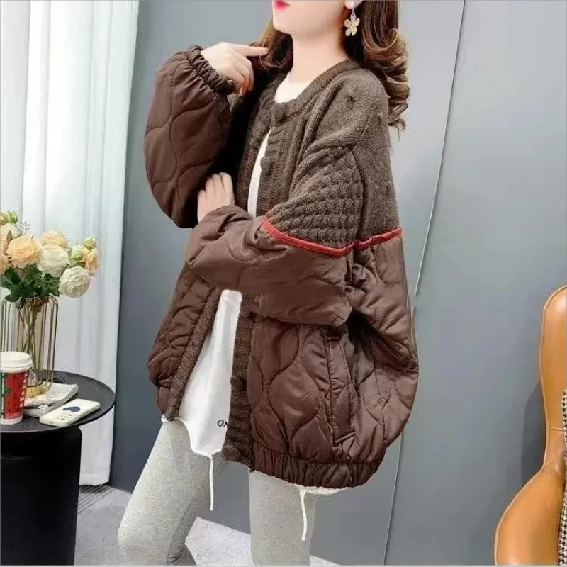 

2024 Autumn Winter Causal Parkas Chic Hit Color Knitted Patchwork Women Coat Korean Single Breasted O-neck Parka Jacket