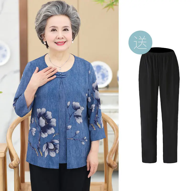 Retro Elderly Mother Spring Summer Fall Clothes 60-85 Years Old Grandma T-Shirt Pant Suit 2 Piece Sets Womens Outfits XL-6XL