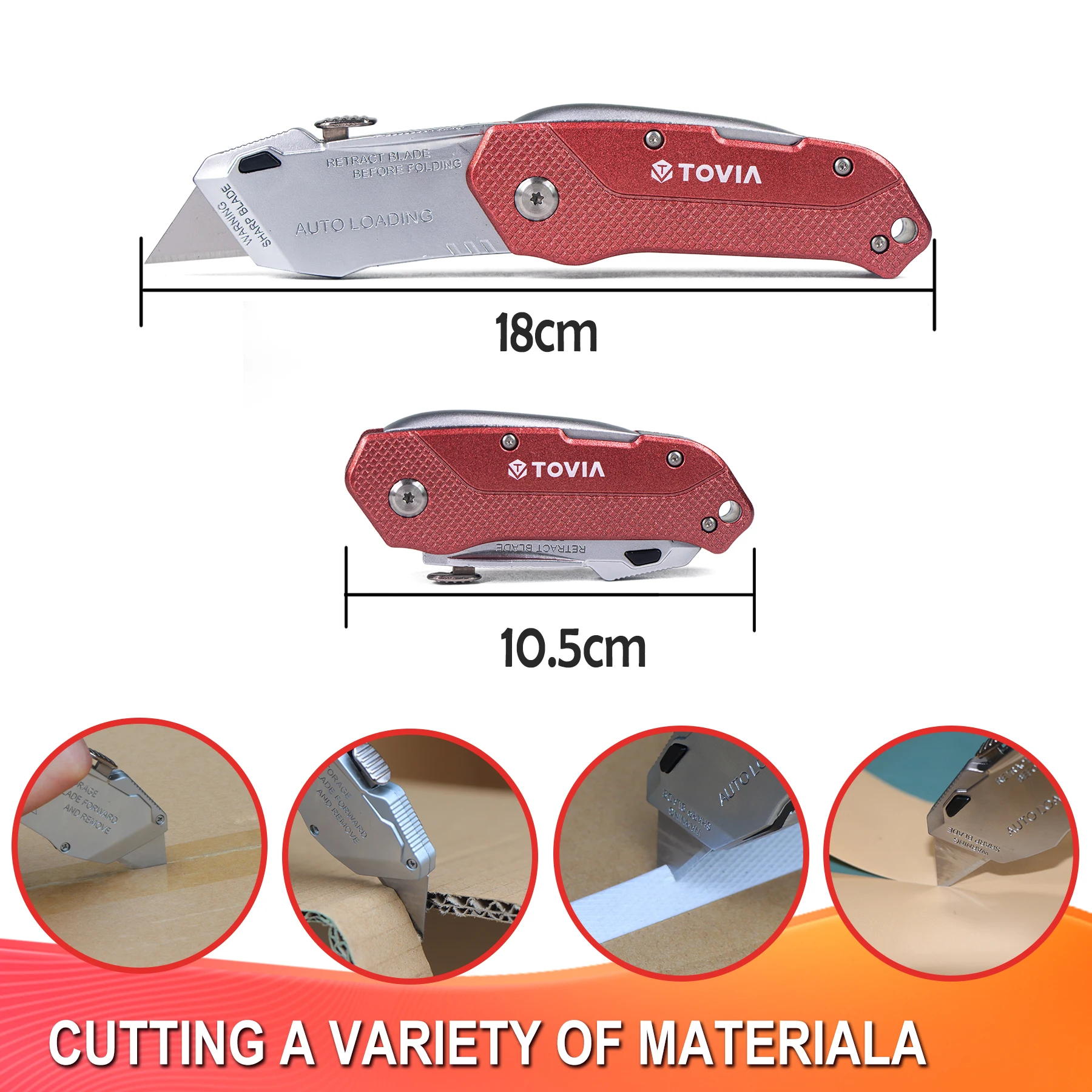 T TOVIA Folding Utility Knife Quick Change Box Cutter Blades,Extra 5 Blades Included, Box Knife for Cartons, Cardboard and Boxes