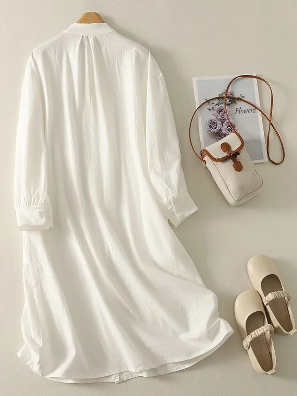 High-End Casual Long Sleeve Midi Dress Loose Design Large Size Pure Color Stand Collar Shirt Dress French Style Loose Fit