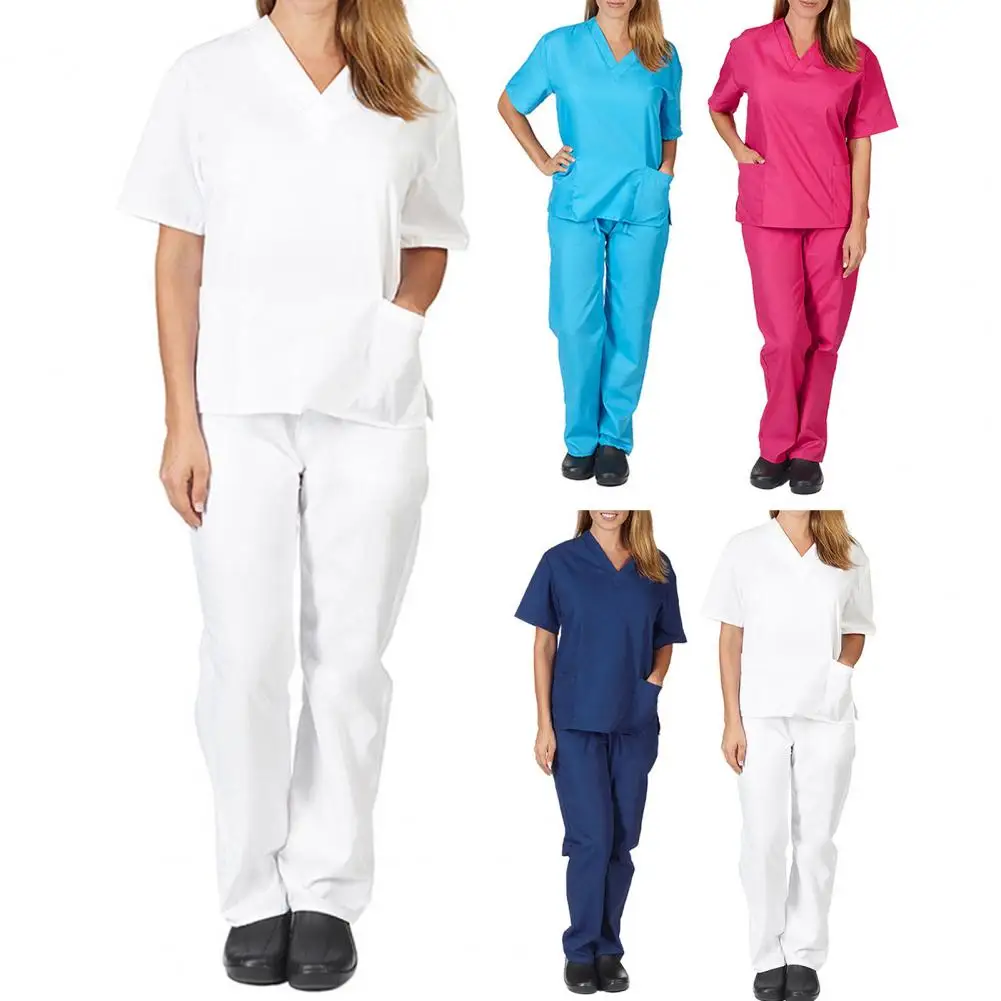 Nurse Outfit Professional V-neck Nurse Uniform Set for Salon Spa Pet Grooming Solid Color Short Sleeve Tops Pants for Work