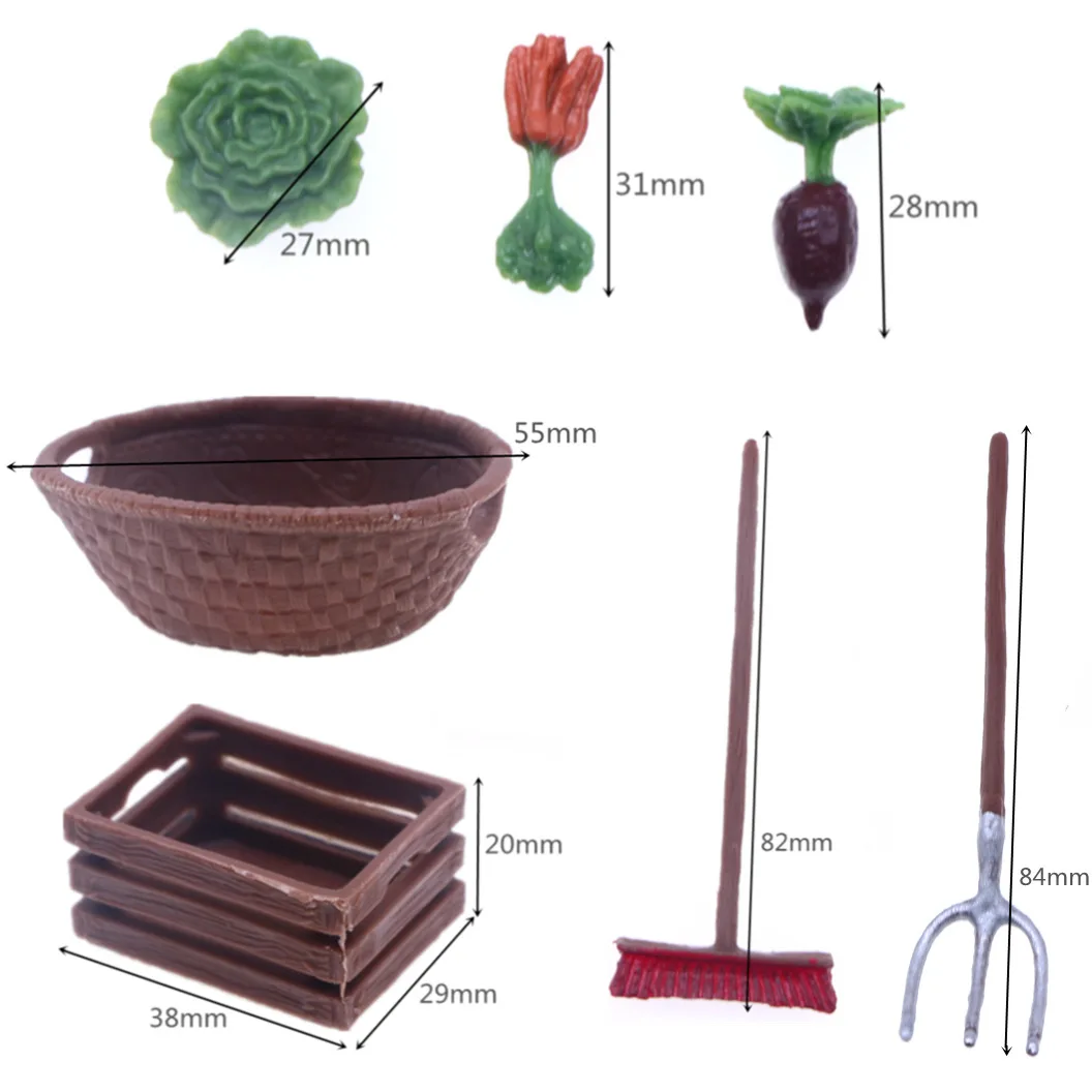 1:12 Dollhouse Miniature Farm Tools & Vegetables, Mini Hoe, Simulation Garden Props