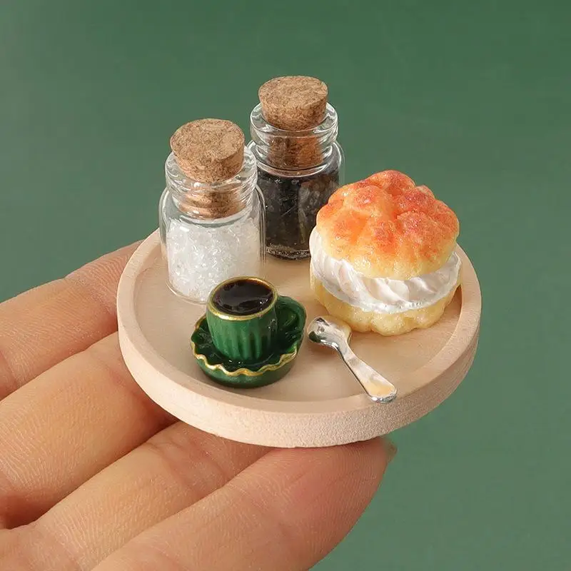 6 pezzi in miniatura vassoio di legno tazza di caffè zucchero caffè bottiglia di vetro dessert torta giocattolo casa delle bambole realistico cibo simulazione ornamento