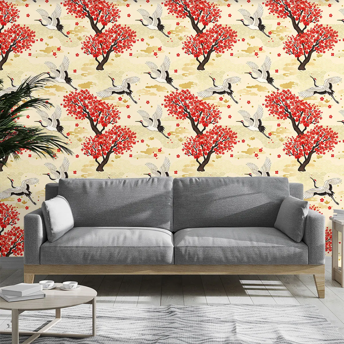 Japanese Ukiyo-e Red Plum Blossom Red Crowned Crane Wallpaper Peel and Stick Contact Paper Wall Mural for Bedroom Cabinet Renter