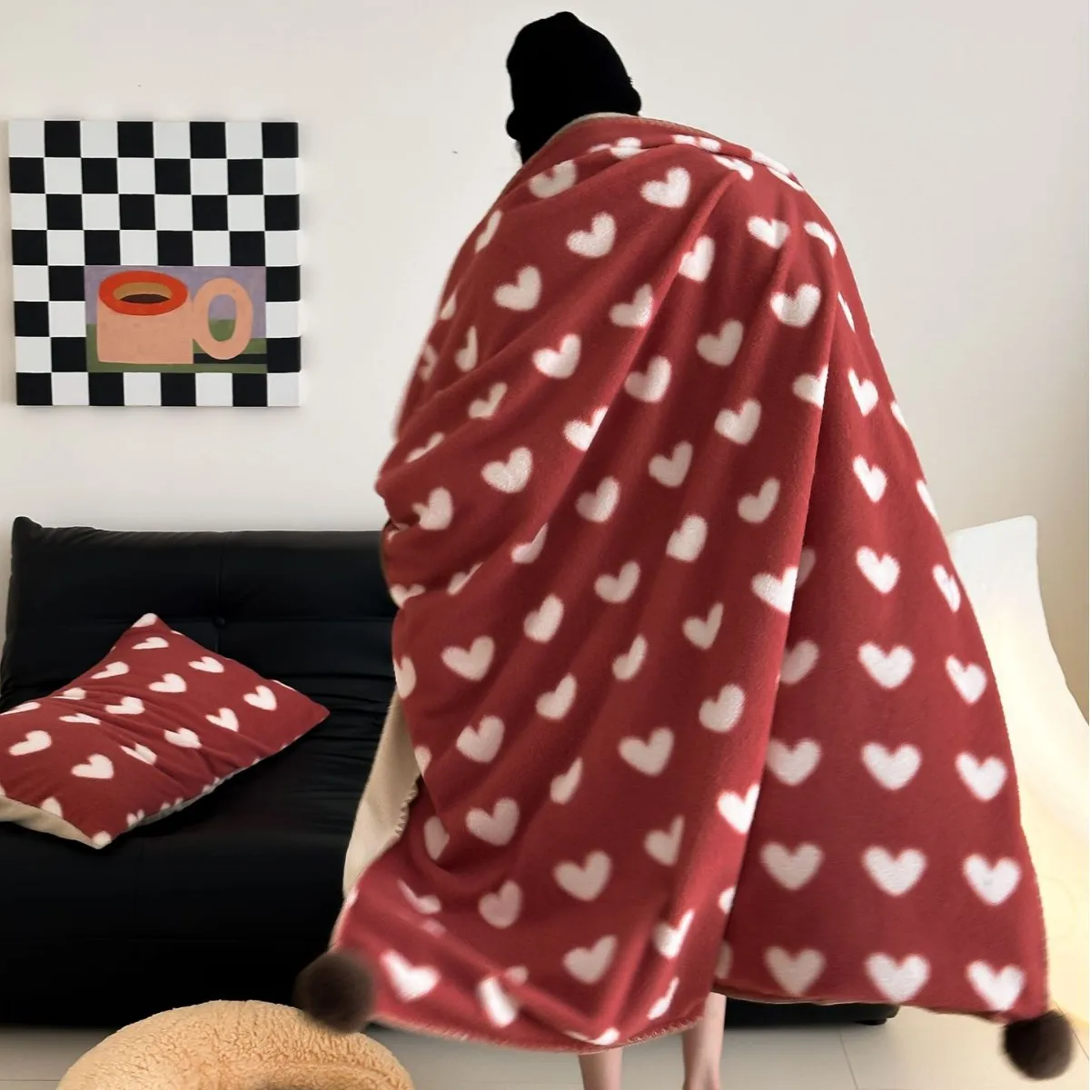 Retro Pattern Love Striped Imitation Cashmere Warm Blanket with Cute Rabbit Fur Ball Thick Leisure Blanket, Sofa Throw Blanket