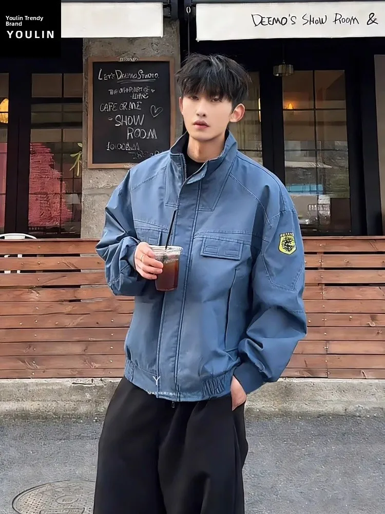 

Мужская осенне-зимняя куртка-бомбер Waed Workwear в американском стиле с воротником-стойкой, синяя, молодежная, трендовая, приталенного кроя