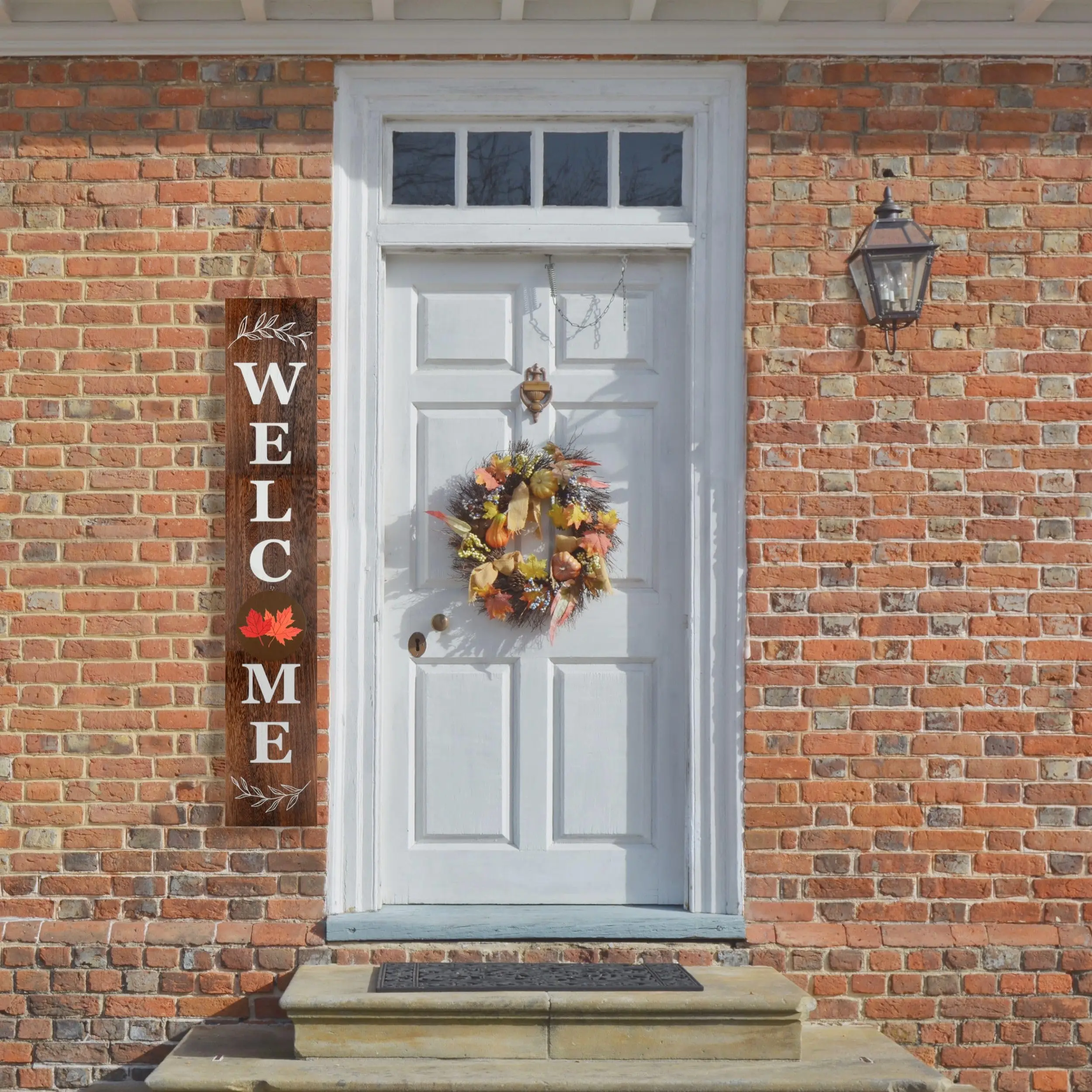 Perfnique Interchangeable Welcome sign for front porch standing, 47 x 7.9 Inch Black Wooden Leaner Sign with 10 Interchangeable Designed Icons, Morden Farmhouse Rustic Seasonal Decor for Spring