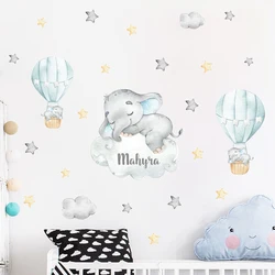 Autocollants muraux en vinyle avec nom personnalisé ours de dessin animé, ballons d'air chaud, nuages gris bleu, Stickers muraux en aquarelle pour décoration de chambre d'enfants