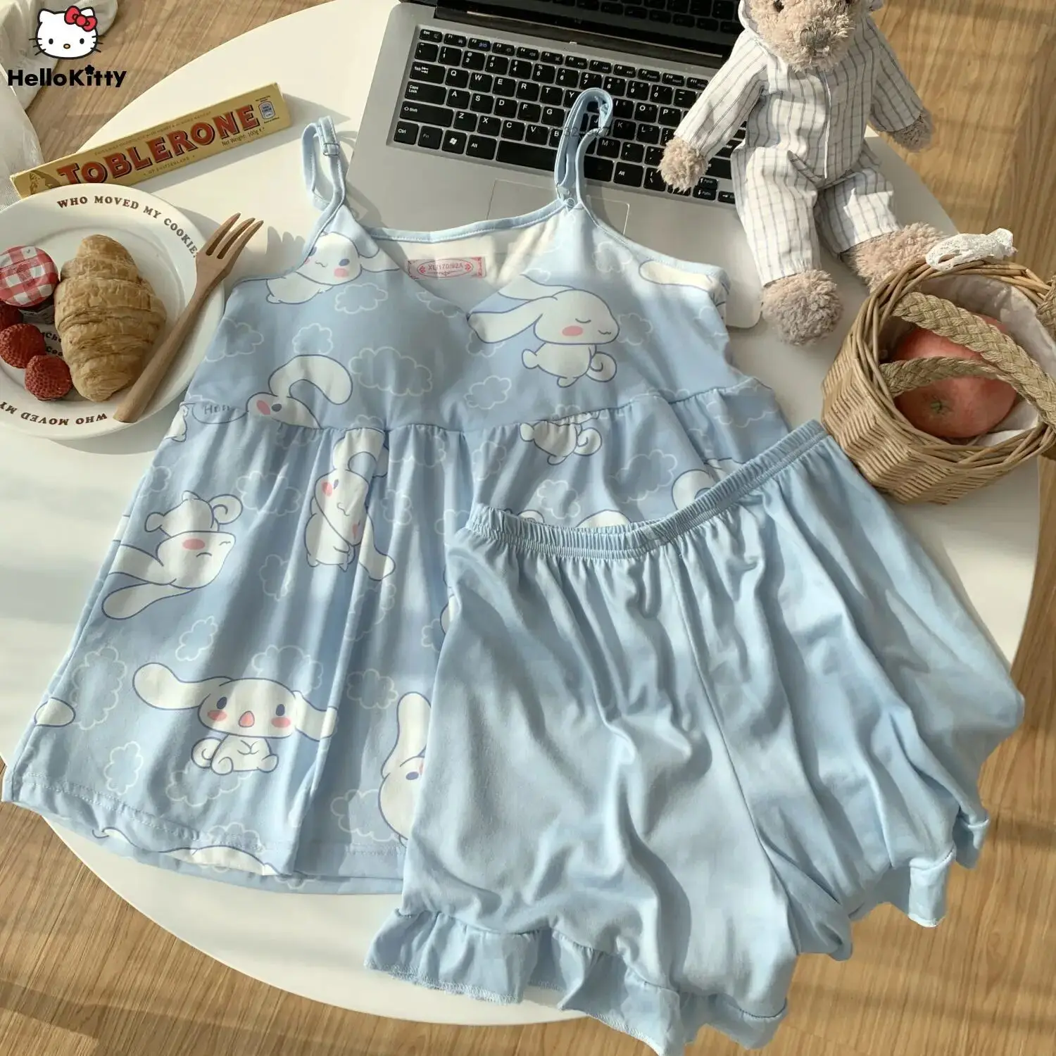 Cinnamoroll Blue Cute Spaghetti Strap 2 Pcs Summer Pjs Y2k Women's Summer New Korean Sweet Nightwear Set Home Casual Clothes