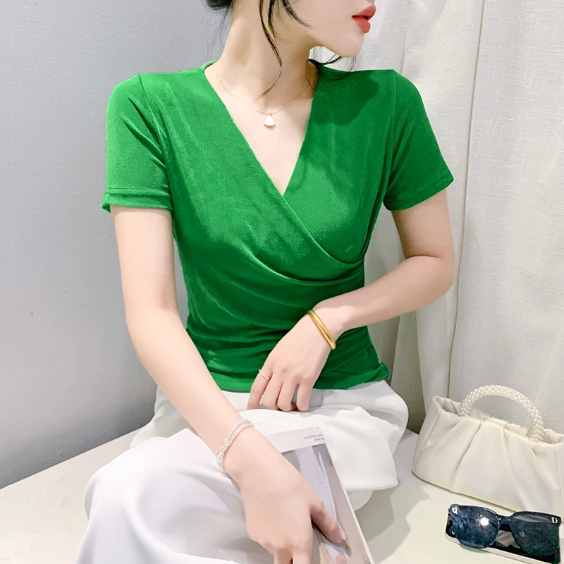 女性用VネックTシャツ,スリムニットトップス,半袖,単色,春,夏,新着,2022,sから4xl