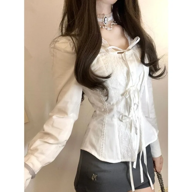 White Long Sleeve Shirt Women Korean Chic Elegant Bandage Slim Waist Lace Patchwork Blouse Sweet Fashion Y2k Top Blusas