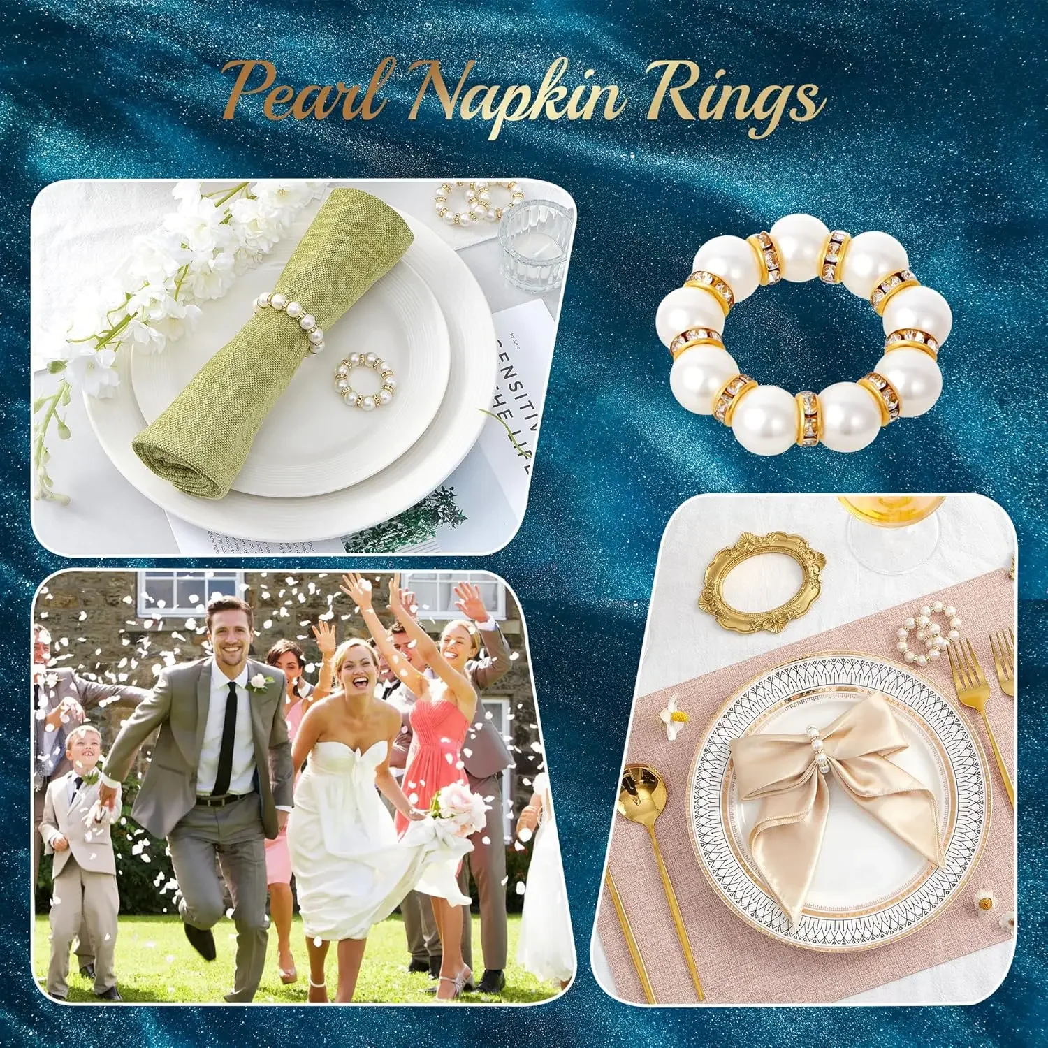 Gold Napkin Rings Set of 24/50/100 Imitation Pearl Elegant Elastic Serviette Holder for Wedding Party Dinner Decor