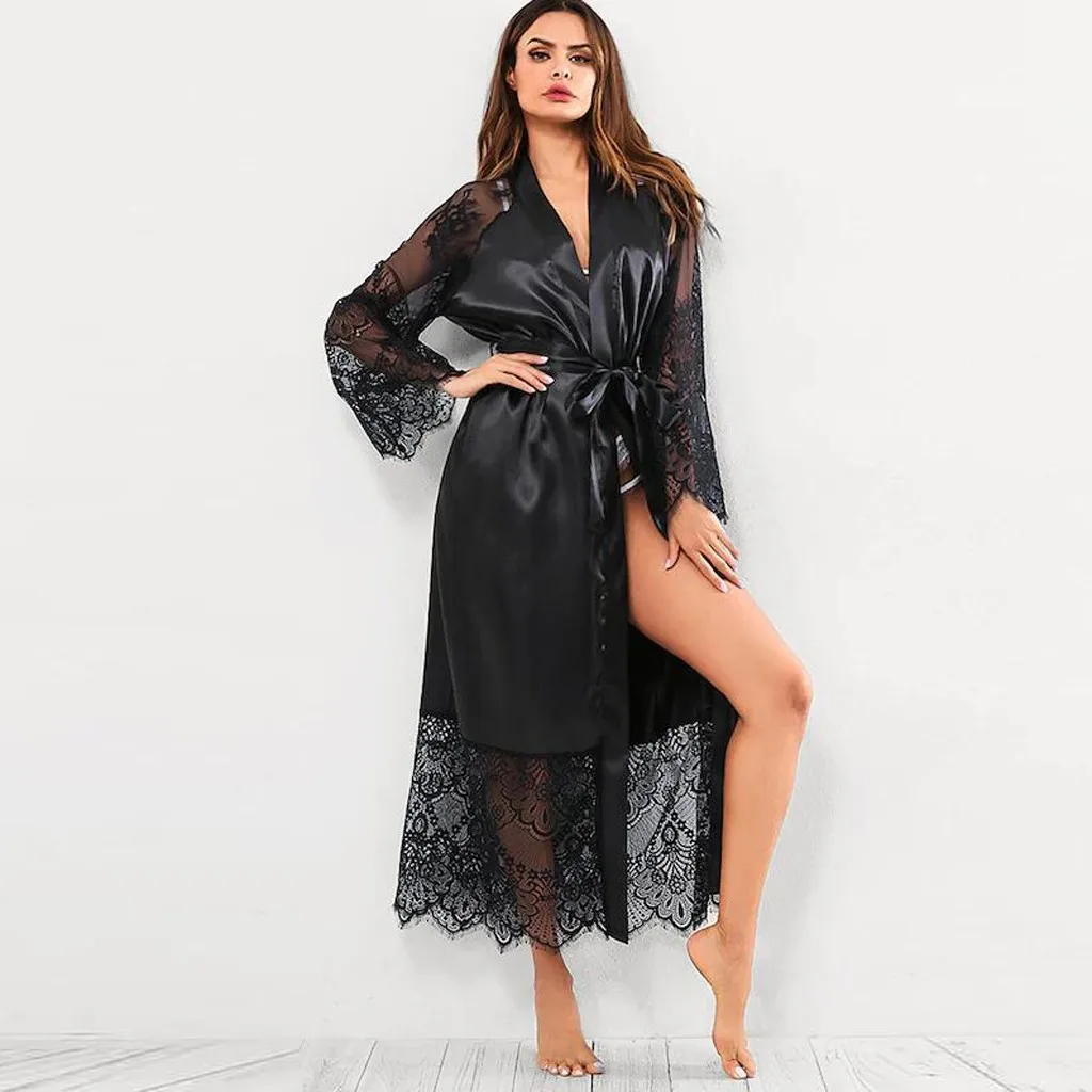 Women Sexy Silk Satin Bathrobe Lace Mesh Long Sleeve Floor-Length Nightgown Oversized Solid Color Sleepwear Negligees Nightie