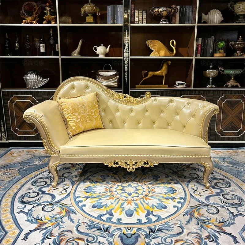 X-S solid wood leather chaise longue,  luxury carved beauty couch HG