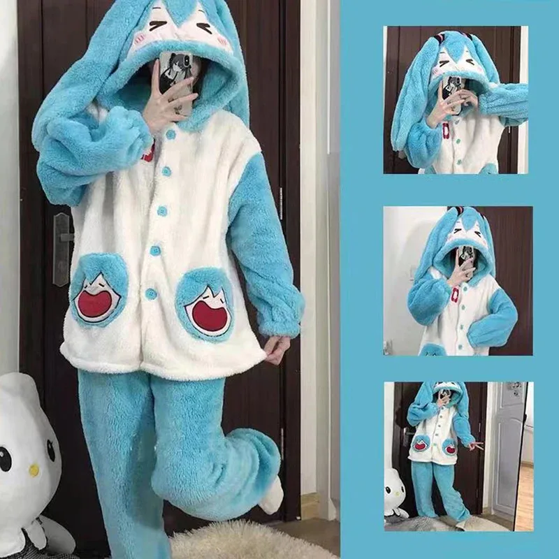 

Anime Vocaloidd Mikuu Coral Plush Pajamas Long Ears Blue Cosplay Costume Soft Warm Plush Sets Halloween Autumn Home Furnishings