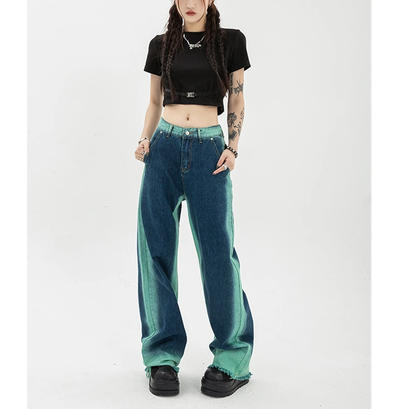 Womens Jeans High Waist Vintage Straight Baggy Pants Chic Design Streetwear Gradient Color Hip Hop Y2K Denim Wide Leg Trouser