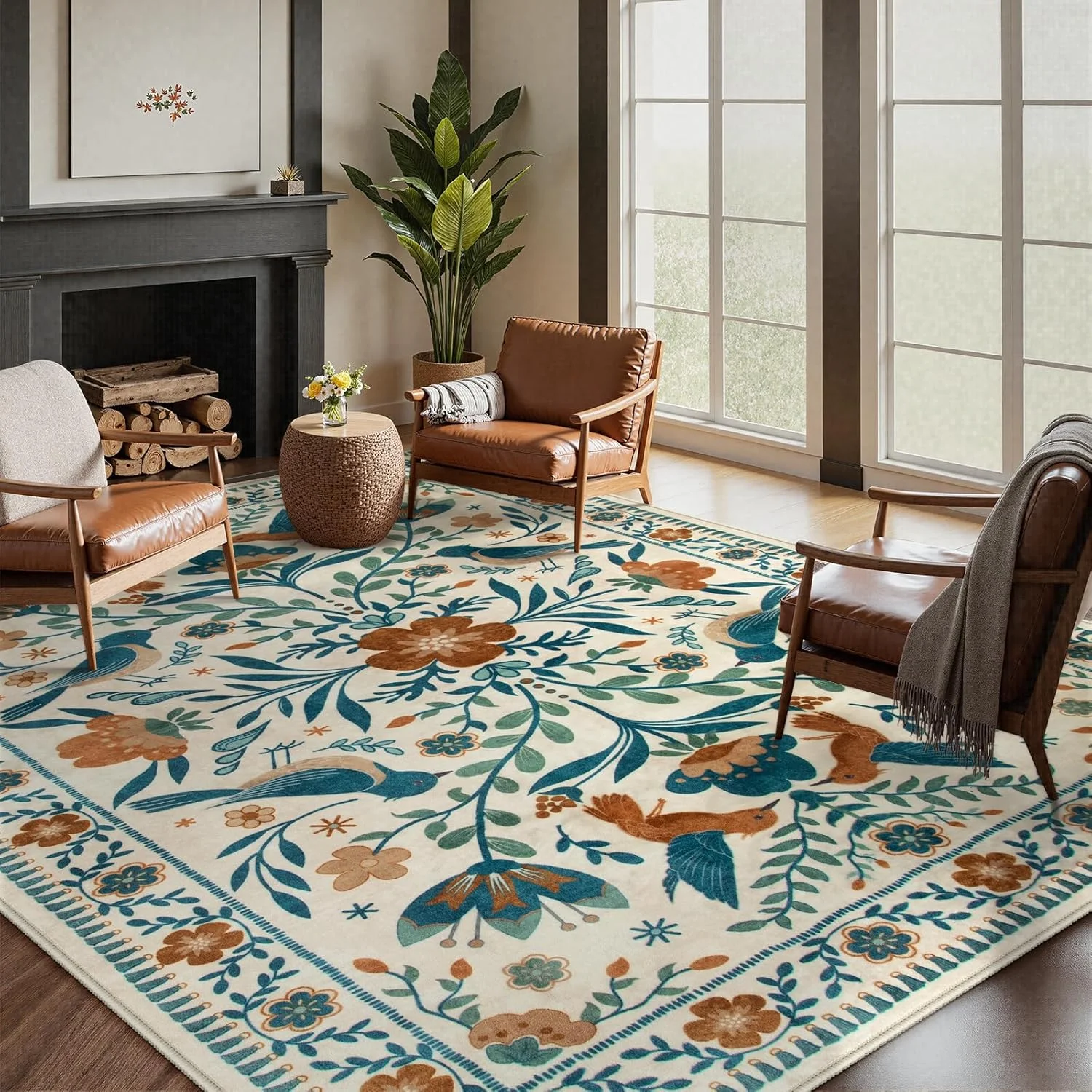 Washable Rug, Floral Rugs for Living Room Bedroom Rug, Jungle Animal Beige Dining Room Rug Indoor Non-Slip Floor Carpet for Pla