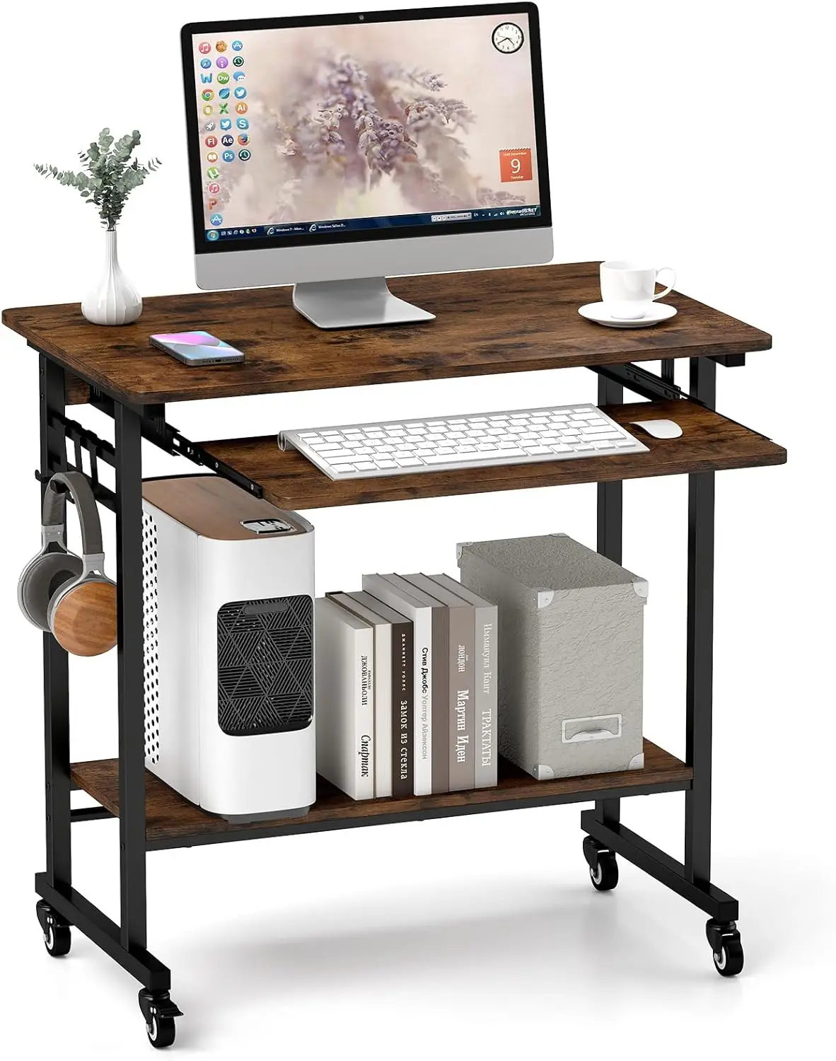 

Rolling Computer Desk Cart with Keyboard Tray, Mobile Portable Laptop PC Desk with CPU Stand & 3 Hooks for Sofa