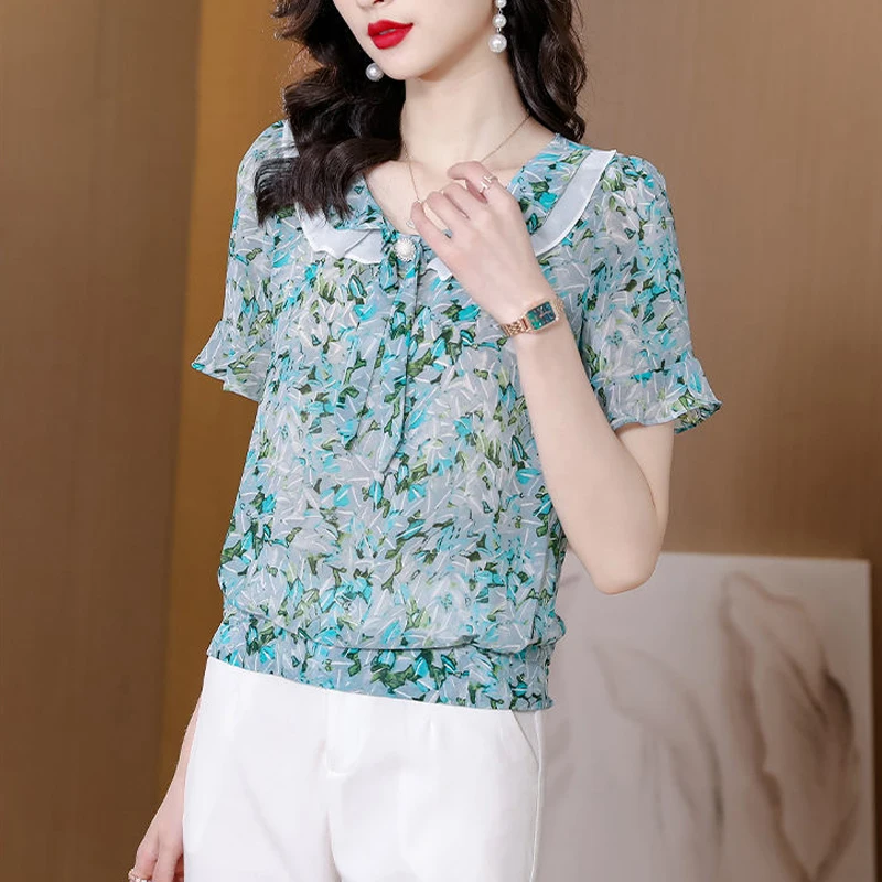 2024 Summer Women\'s Fashion Print Ruffle Bow Blouse Elegant Short Sleeve Chiffon Shirt Casual O Neck Loose Tops Blusas De Mujer