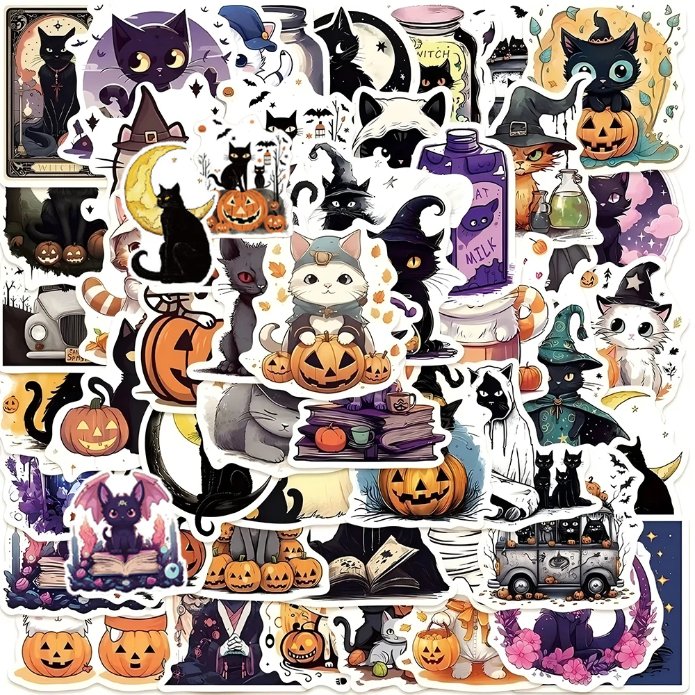 10/30/50 Stück süße Halloween-Katze-Kürbis-Aufkleber für Motorrad, Gitarre, Helm, Fahrrad, Auto, coole Cartoon-Graffiti-Aufkleber, klassisches Spielzeug