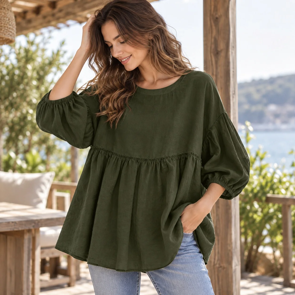 Pullover Loose Fit Top Casual with No Stretch Summer Regular Length Three Quarter Sleeve Lantern Sleeve T Shirts for Women