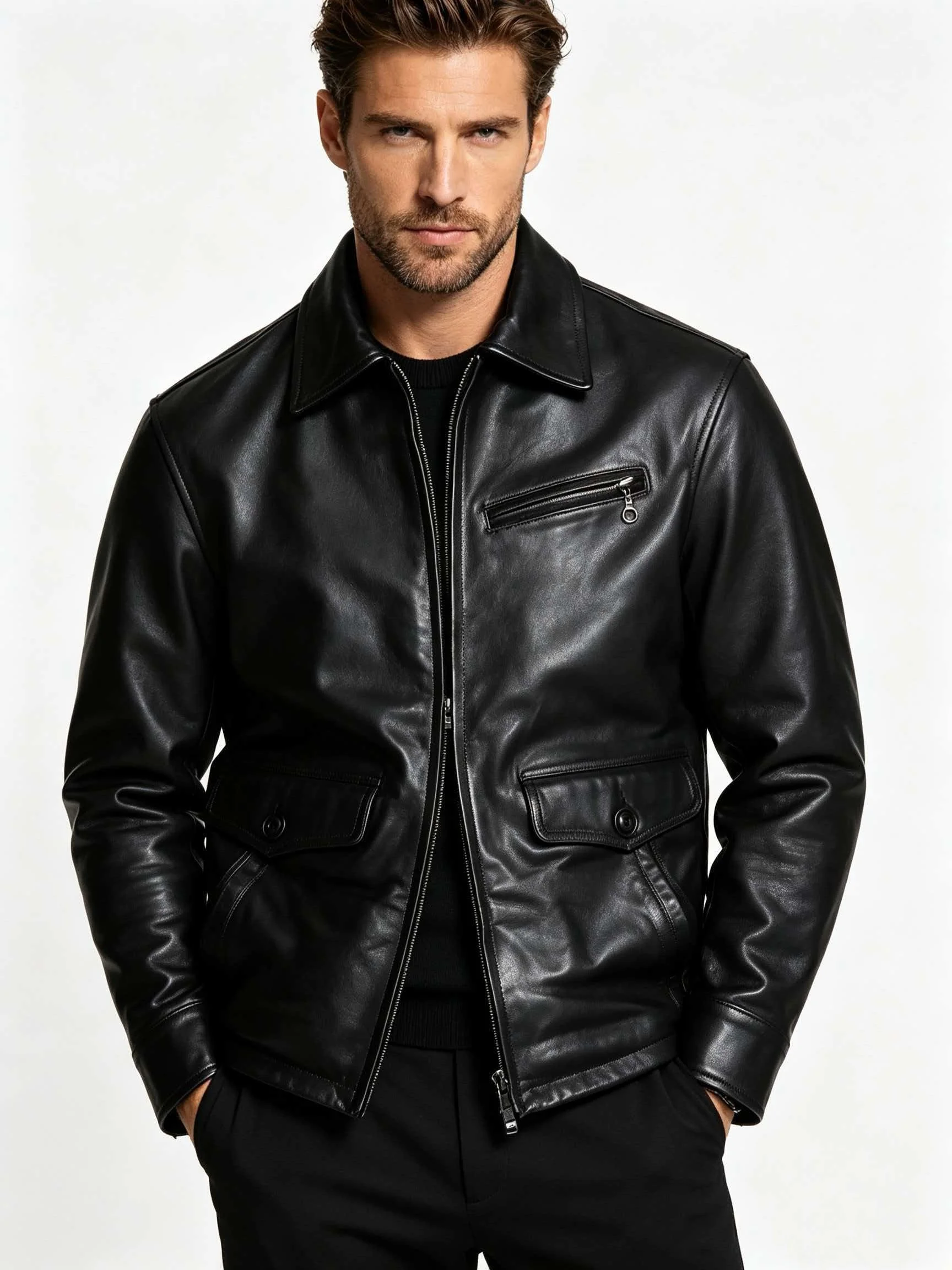 Men's Soft Glossy Sheep Leather Coat Spread Collar 2 Snap Flap Pockets 2 Slash Pockets Ring Pull Chest Zip Casual Retro Jacket