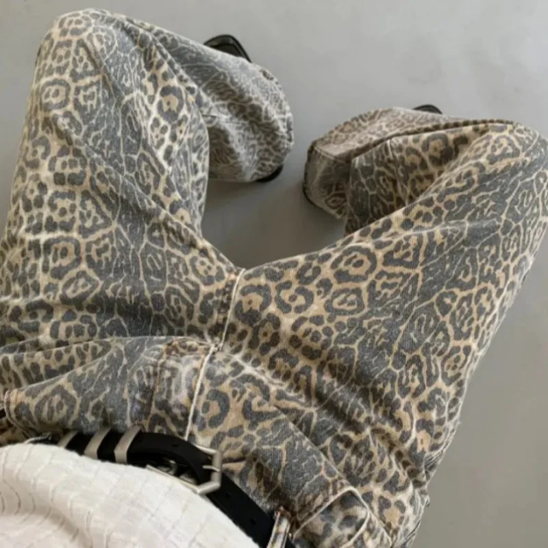 JHJN アメリカンレトロヒョウハイウエストだぶだぶのジーンズ女性のカジュアルポケットヒップホップパンツ春 Y2K オーバーサイズパンサーデニムズボン