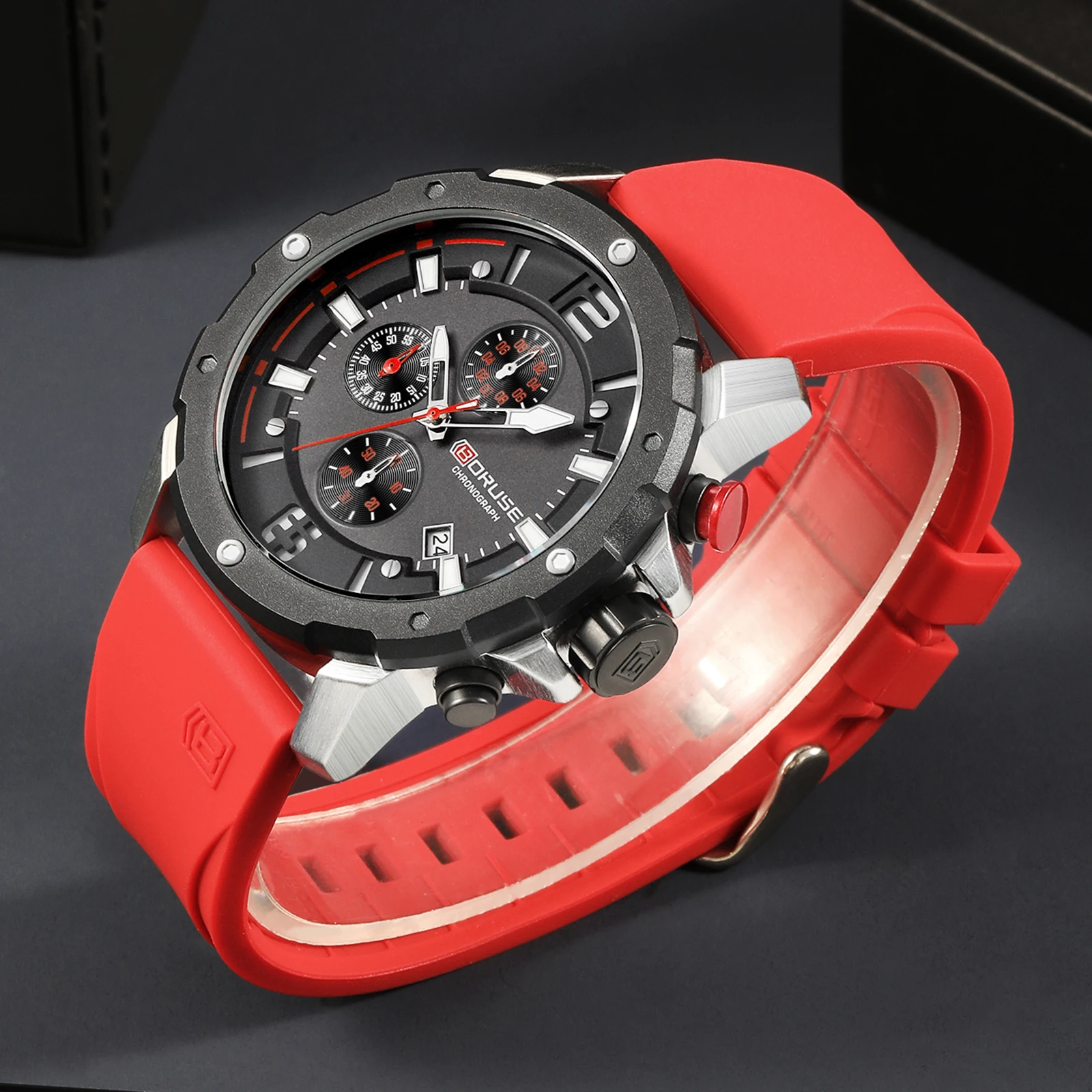 BORUSE Watches for Men Luxury Chronograph Red Silicone Quartz Wristwatch Men Waterproof Luminous Sport Watch