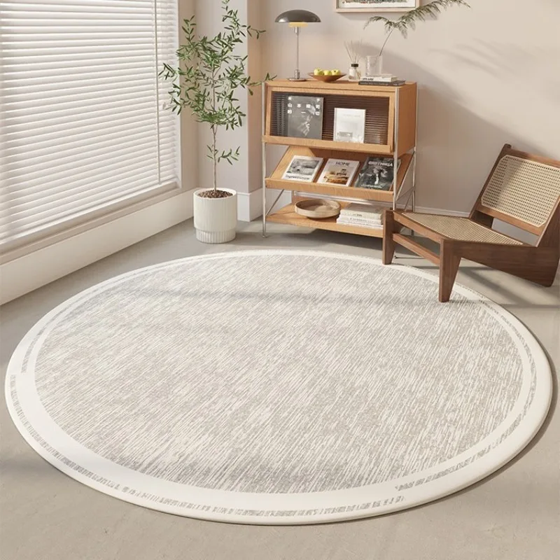 Minimalist Round Rug Light Gray Beige Textured Carpet with White Border for Nordic Home Decor Gift