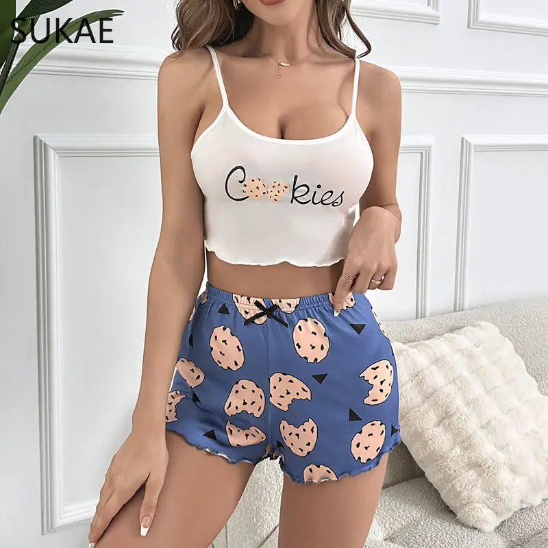 Lovely Cookies Female Sexy Lingerie Sleeveless Pijamas Summer HOT Spaghetti Strap Pajama Set for Women Milk Silk Tank Top Shorts