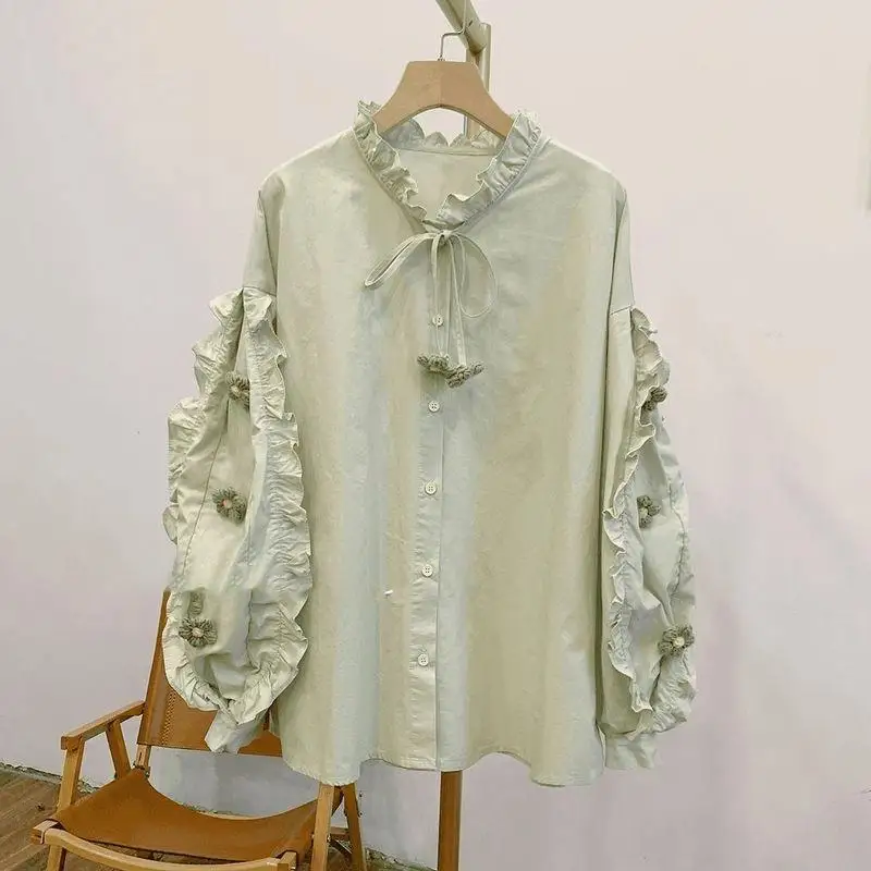Vintage Sweet Lolita 3D Floral Ruffle Blouses Long Sleeve Women Tops Original Design Shirts Stand-up Collar Girls Clothes Chic