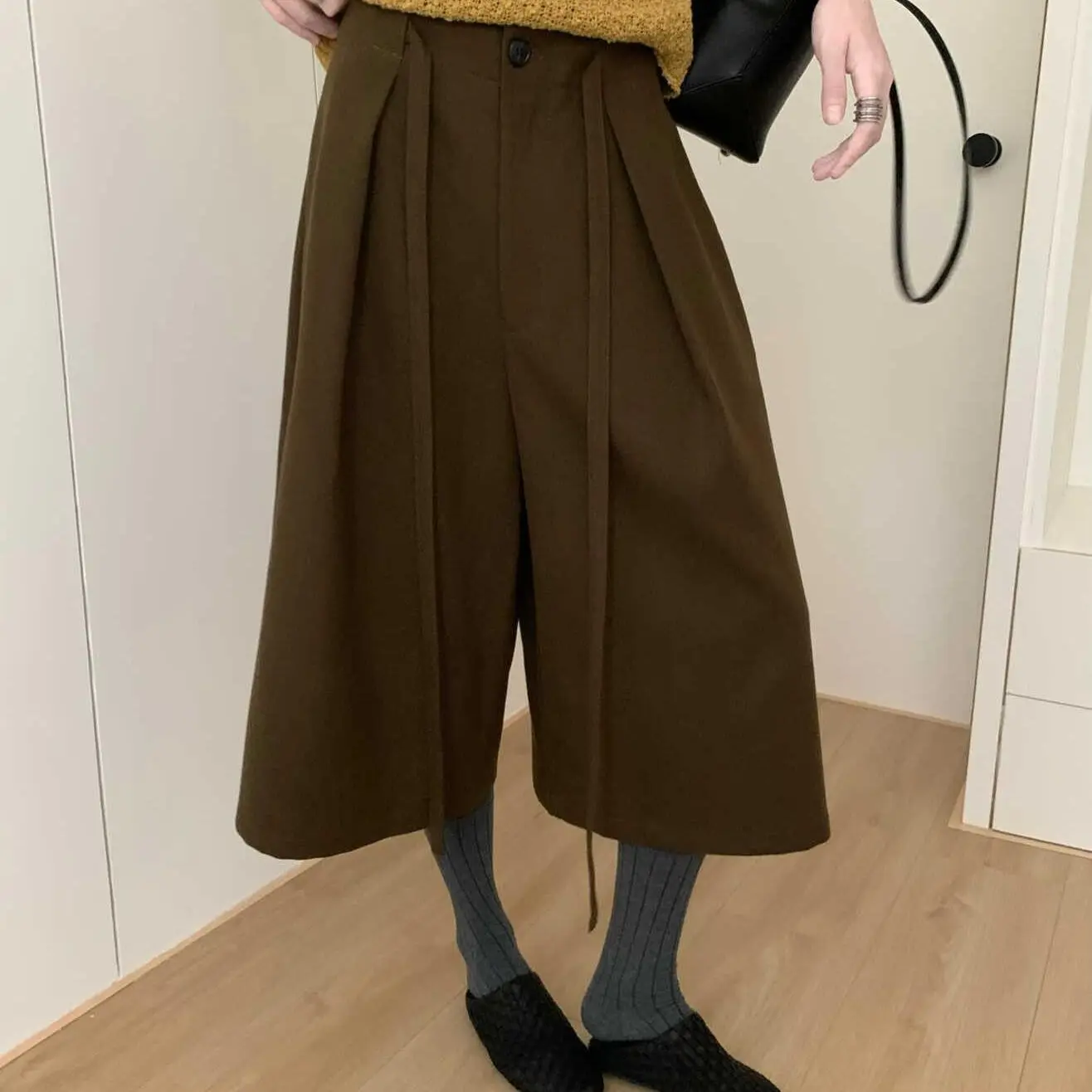 

Winter black casual pants simple casual double-sided pocket wide-leg pants high-waisted micro-elastic cropped pants