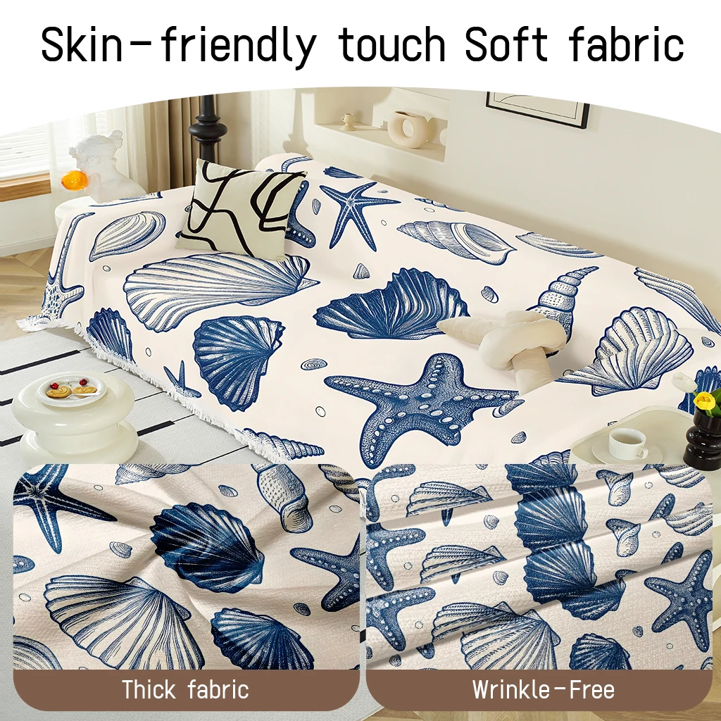 1pc Marine Life Sofa Cover, Seashell Starfish Couch Throw for Living Room, Soft Washable Protector with Tassels