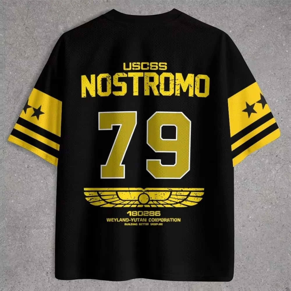 2026-27  Alien USCSS Nostromo 79 Jersey T-shirt, Weyland-Yutani Corp Print Mesh Tee, Retro Sci-Fi Horror Streetwear Casual Top
