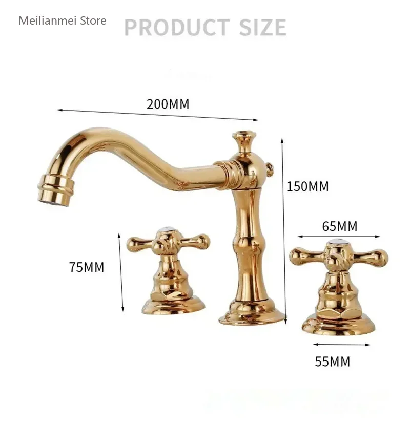 Antique Basin Faucet Brass Gold Bathroom Faucet Chrome Sink Faucets 3 Hole Double Handle Hot & Cold Wash Faucets Water Tap