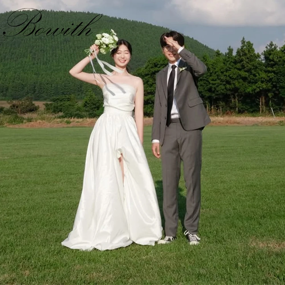 

Bowith Strapless Korea Wedding Dresses Customized Outdoor Satin Simple Wedding Reception Dress A-Line Corset Back Bridal Gown