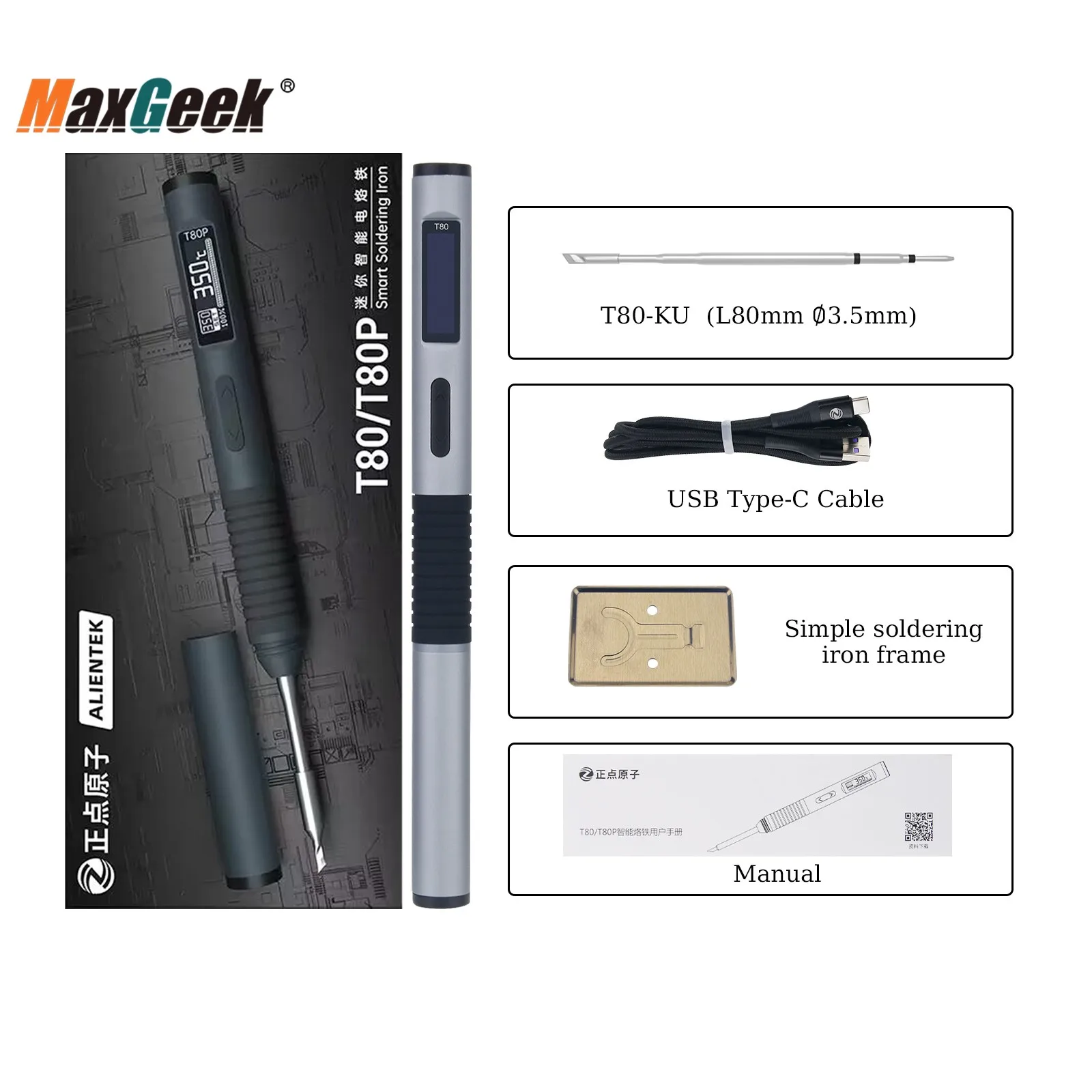 

Maxgeek T80 Smart Electric Soldering Iron 100W Portable Constant Welding Station with T80-KU Soldering Tip