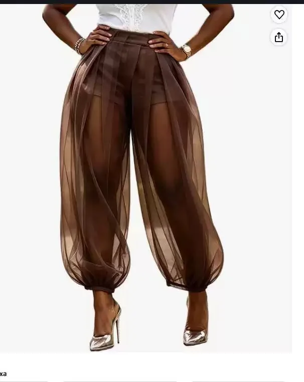 Summer New Loose Mesh Half-Transparent Solid Color Splice Lantern Pants Breathable Lightweight Comfortable Pure Color Leggings