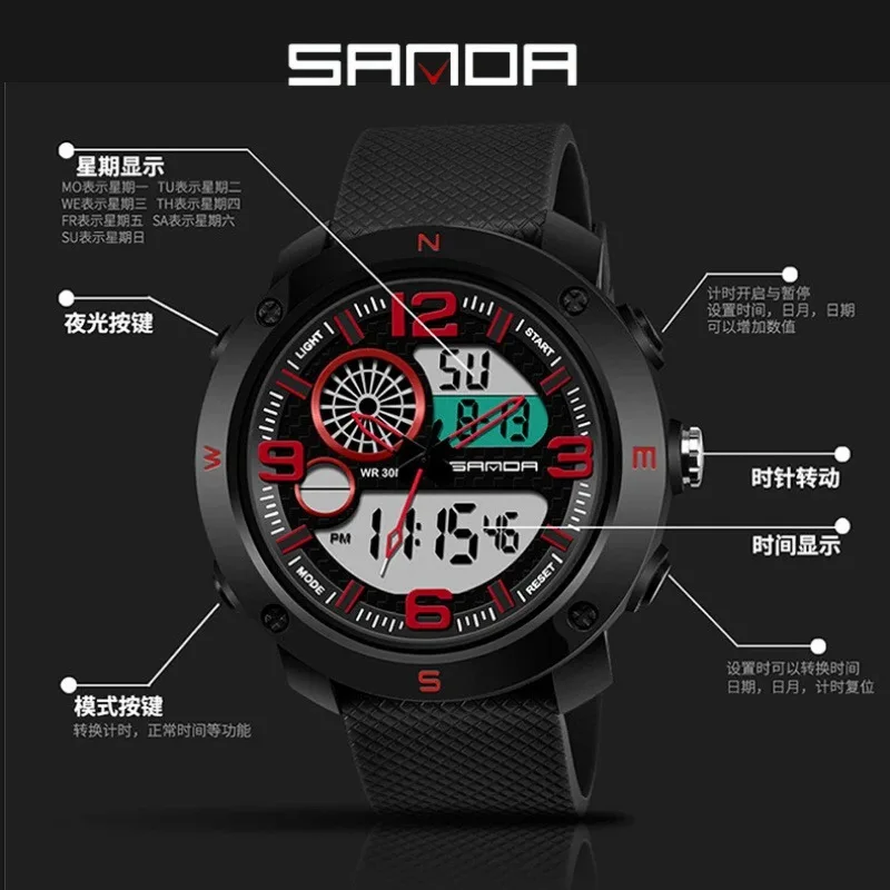 SANDA New Student Electronic Watch Timing Alarm Clock Sports Multifunctional Waterproof LED Men's Electronic Watch Gifts