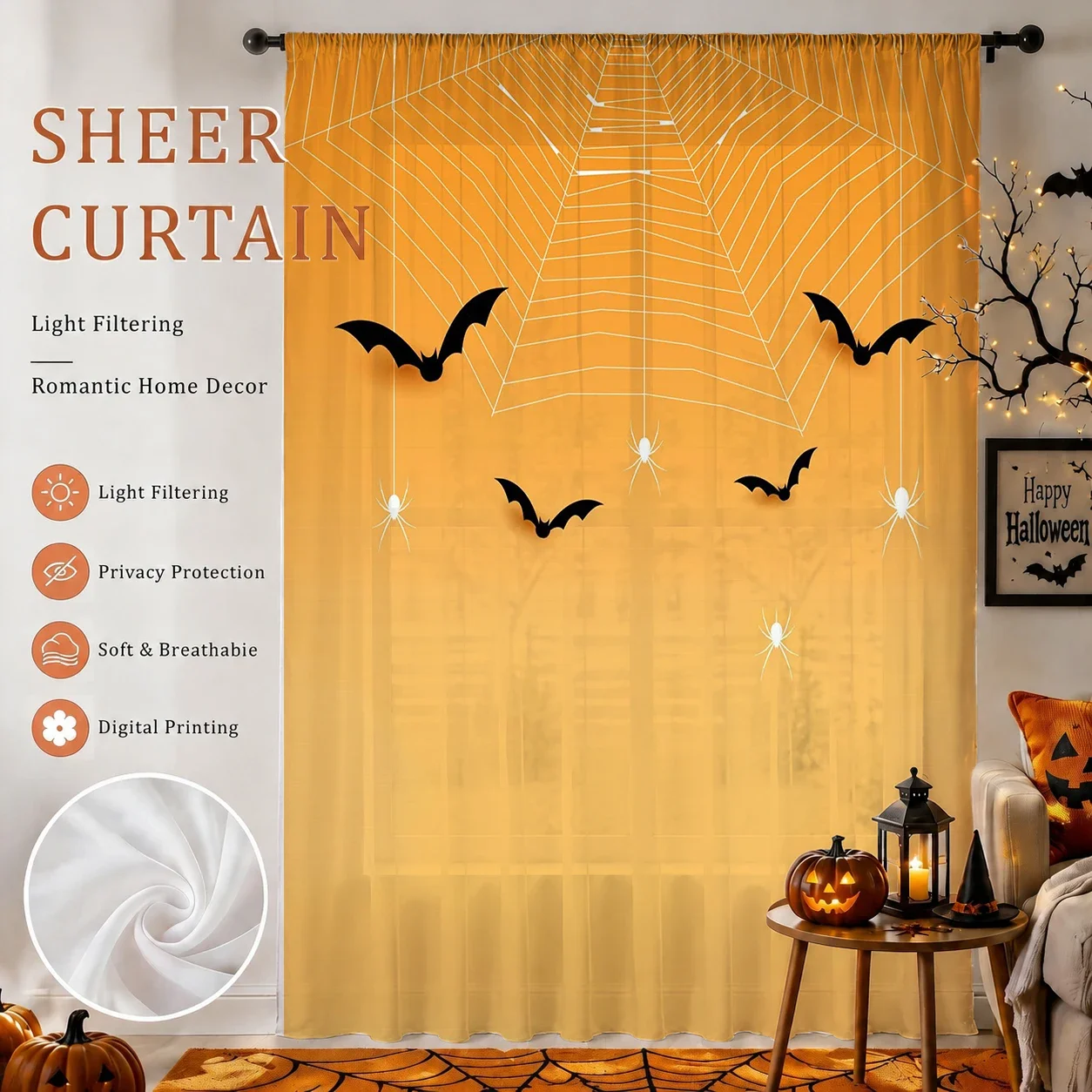 Halloween Festival Sheer Curtain, Good Quality Light Reducing Privacy Voile For Living/Bedroom/Kids Room,Halloween Gift