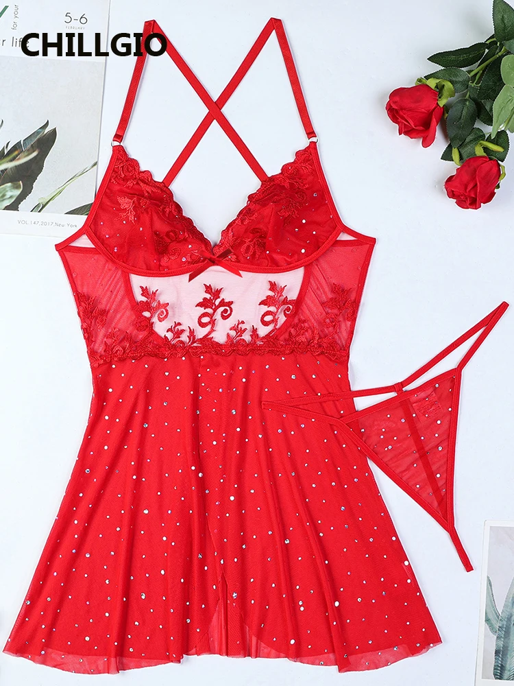 CHILLGIO femmes rouge bretelles Spaghetti robe maille Porno robes courtes pyjamas transparents Lingeries Sexy string chaud femme vêtements