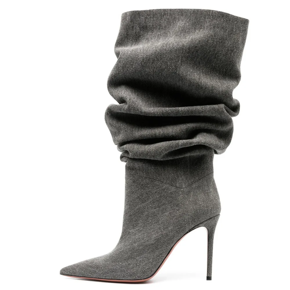 

Wind Pointed Folded Pile Boots 2024 Winter New Stiletto Fashion Boots But The Knee Is Thin High Heels Universal for All Seasons
